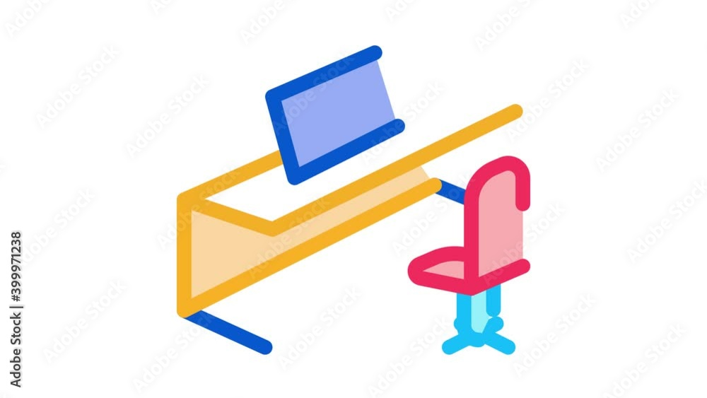 Poster office table chair and computer icon animation. color office table chair and computer animated icon 