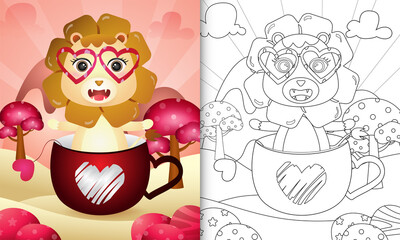 coloring book for kids with a cute lion in the cup themed valentine day