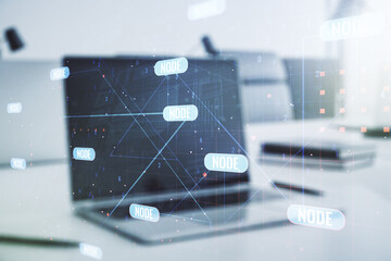 Multi exposure of abstract software development hologram on laptop background, research and analytics concept