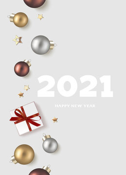 New Year and Christmas design template. Xmas gray background with brown, golden and siver ball with gift box and gold star confetti. Happy New Year 2021 text. Flat lay. Vector stock illustration.