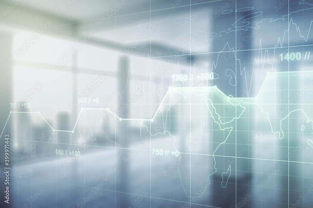 Poster double exposure of abstract creative statistics data hologram on empty room interior background, ana