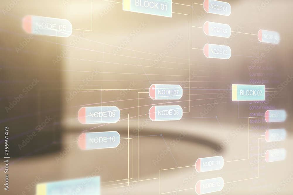 Poster abstract virtual coding illustration on modern interior background, software development concept. mu