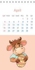 
April 2021. Calendar month Cartoon cute bull with Easter egg. Editable vector template in flat style.
