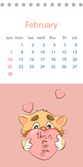 
February 2021. Calendar month with a cartoon cat with a pink heart in its paws. Editable vector template in flat style.
