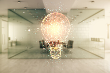 Abstract virtual light bulb hologram on a modern furnished office interior background, idea concept. Multiexposure