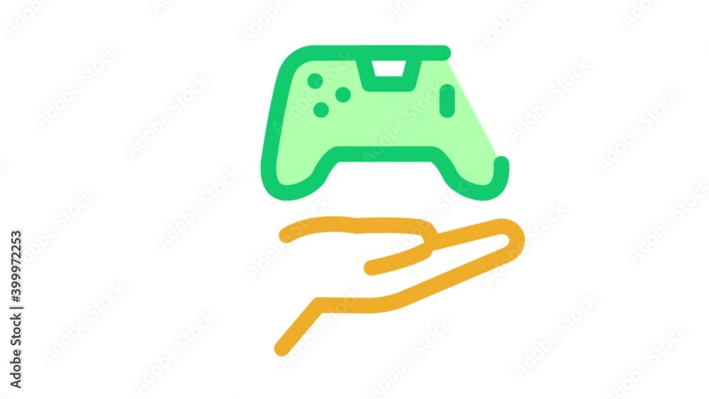 Poster hand hold game joystick icon animation. color hand hold game joystick animated icon on white backgro