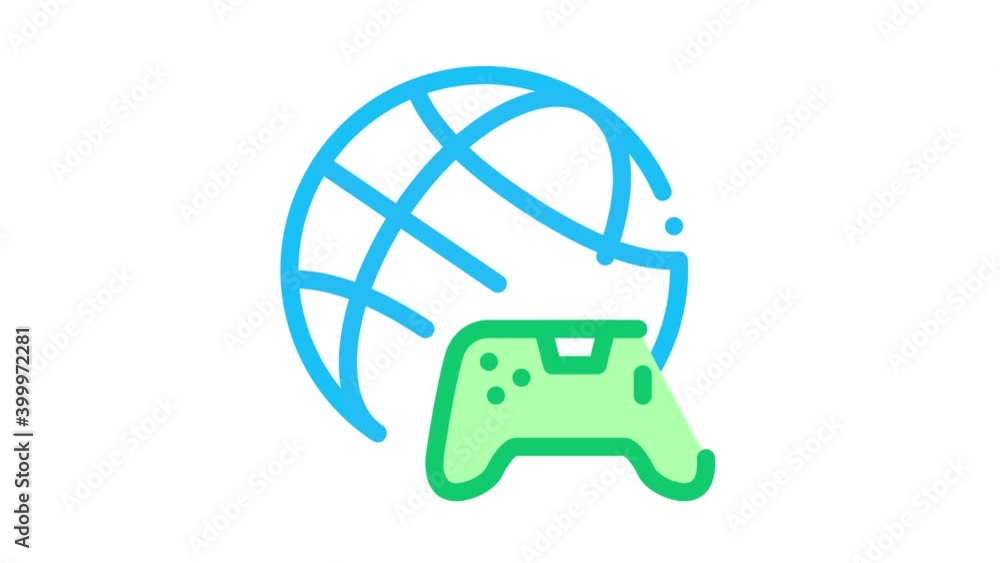 Poster worldwide playing game icon animation. color worldwide playing game animated icon on white backgroun