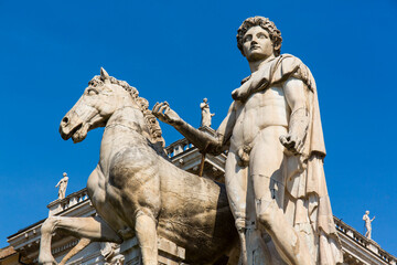 Obraz premium Castor and Pollux Sculptures, Cordonata Stairs, Campidoglio Square, Rome, Italy, Europe
