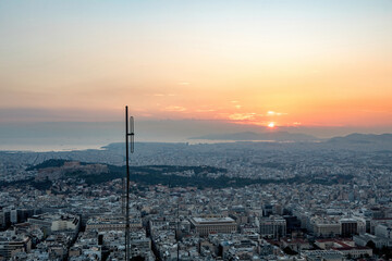 Fototapeta premium The aerial view of Athens from Lycabetus hill during sunset hour