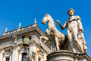 Fototapeta na wymiar Castor and Pollux Sculptures, Cordonata Stairs, Campidoglio Square, Rome, Italy, Europe