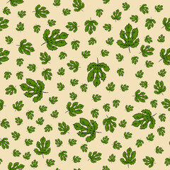 Seamless pattern with green leaves of figs on a beige background. Hand drawing. Vector illustration. Tropical plants.