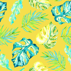 Fototapeta na wymiar Watercolor tropical leaves seamless pattern on illuminating yellow background