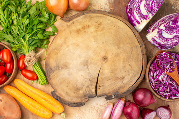 top view colorful salad ingredients made from a red cabbage bunch of parsley roma tomatoes carrot...