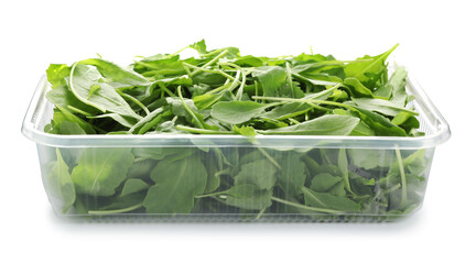Fresh arugula in plastic container isolated on white