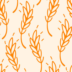 Spikelets and grains of wheat, vector seamless pattern. Outline drawn. Design on the theme of bakery products, flour, harvest. Ornament. Agro culture.