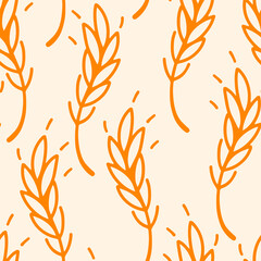Spikelets and grains of wheat, vector seamless pattern. Outline drawn. Design on the theme of bakery products, flour, harvest. Ornament. Agro culture.
