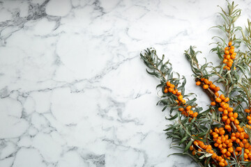 Branches of sea buckthorn on white marble table, flat lay. Space for text