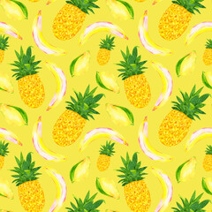 Summer fruit seamless pattern with pineapple, banana and mango on illuminating yellow background