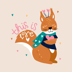 Valentine's Day greeting card with squirrel. Design for valentine.  Vector illustration.