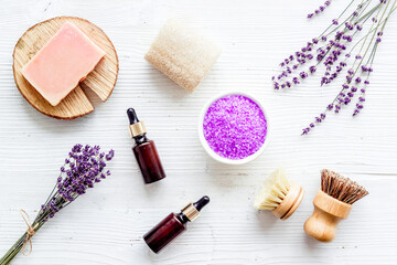 Obraz na płótnie Canvas Spa and wellness set of lavender cosmetic pharmacy products