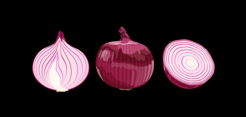 set of flat cartoon red onions isolated on a white background, vector illustration