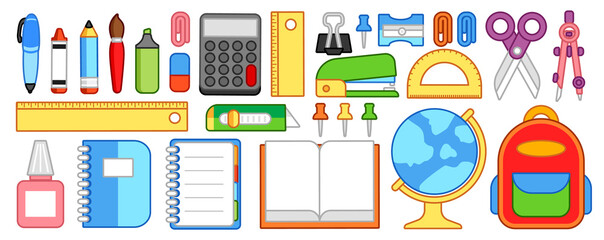 set of simple colourful cute cartoon school stationery isolated on a white background, vector illustration