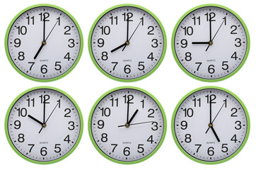 Set of clocks showing different most used time. White background.