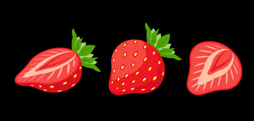 set of flat cartoon strawberries isolated on a white background, vector illustration