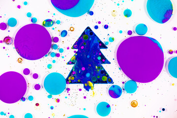 Naklejka premium Fluid art texture. New year colorful backdrop. Liquid acrylic artwork with mixed paints and bubles. Can be used for posters or background. Christmas tree. Overflowing colors and glitters