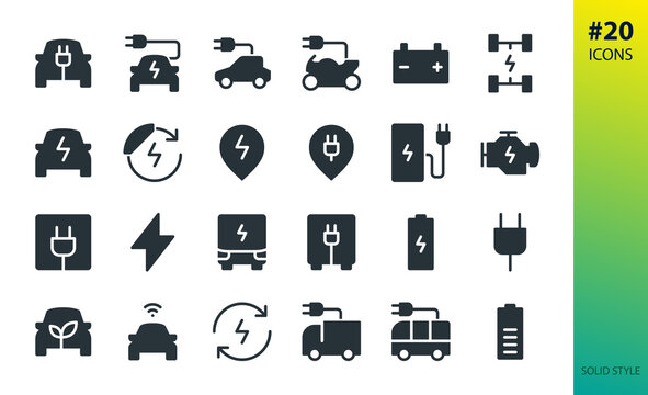 Electric car solid vector icon. Set of e car, electric bus, truck, vehicle, auto, charge station parking, engine, plug, battery, eco transport, autopilot, smart car glyphs icon