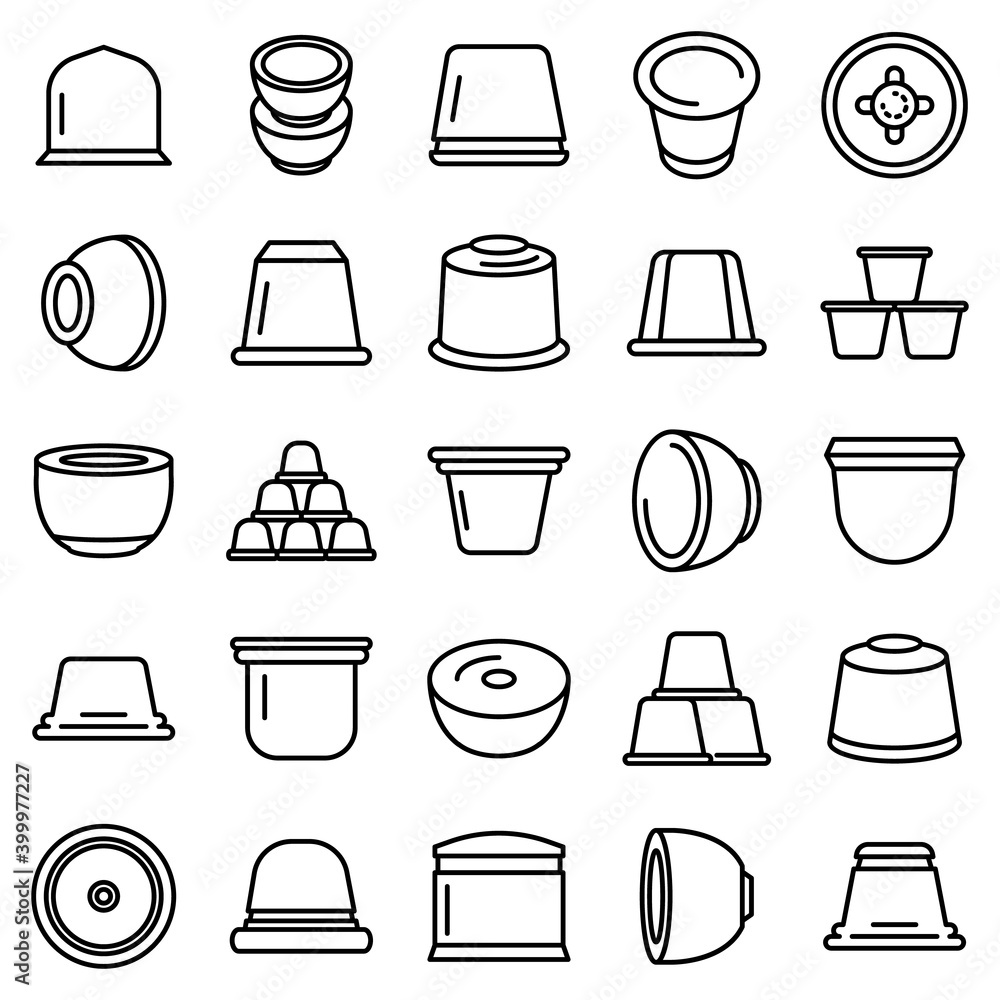 Poster capsule coffee icons set. outline set of capsule coffee vector icons for web design isolated on whit