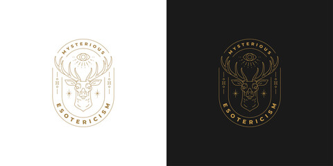 Deer head logo template with huge antlers silhouette linear vector illustration.