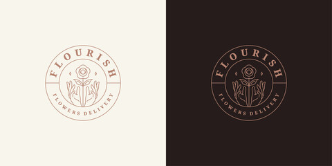 Female hands holding abstract rose flower logo template linear vector illustration.