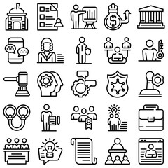 Authority icons set. Outline set of authority vector icons for web design isolated on white background