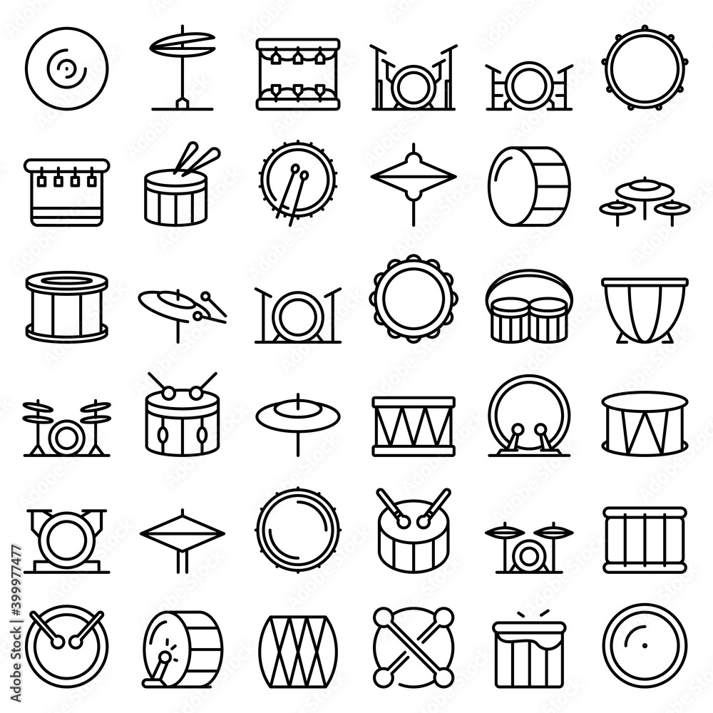 Poster drum icons set. outline set of drum vector icons for web design isolated on white background