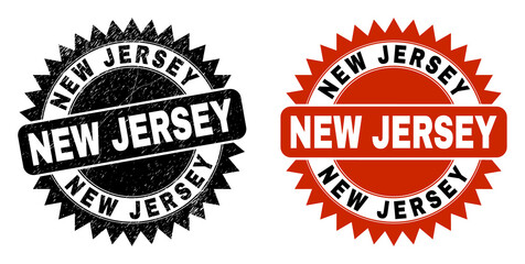Black rosette NEW JERSEY seal stamp. Flat vector distress stamp with NEW JERSEY phrase inside sharp star shape, and original clean template. Watermark with distress surface.