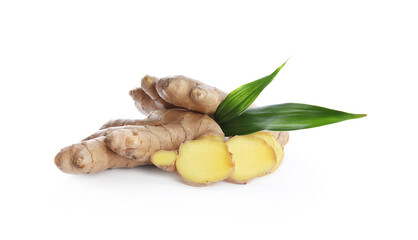 Whole and cut fresh ginger with leaves isolated on white background