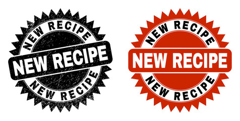 Black rosette NEW RECIPE seal. Flat vector textured seal stamp with NEW RECIPE title inside sharp rosette, and original clean version. Rubber imitation with corroded style.