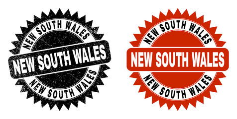 Black rosette NEW SOUTH WALES seal stamp. Flat vector textured seal stamp with NEW SOUTH WALES text inside sharp rosette, and original clean source. Imprint with distress texture.