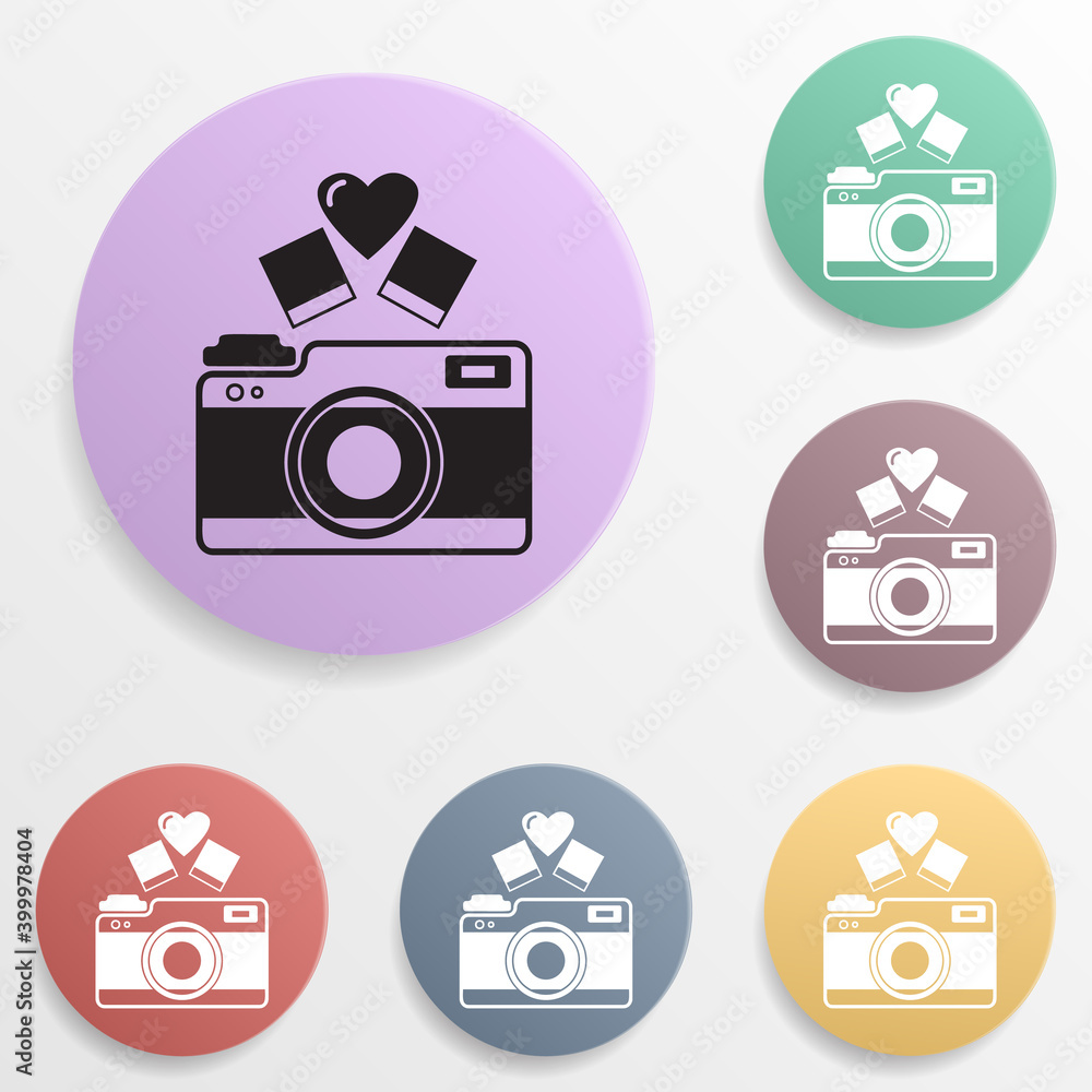 Poster camera with heart badge color set icon. simple glyph, flat vector of valentine's day- wedding icons 