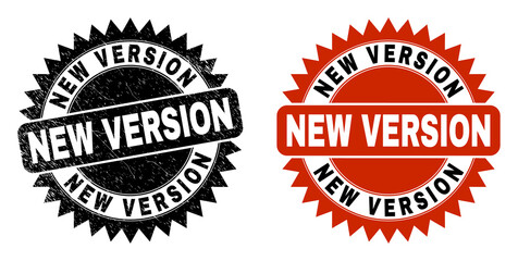 Obraz premium Black rosette NEW VERSION watermark. Flat vector textured watermark with NEW VERSION phrase inside sharp rosette, and original clean source. Watermark with unclean surface.