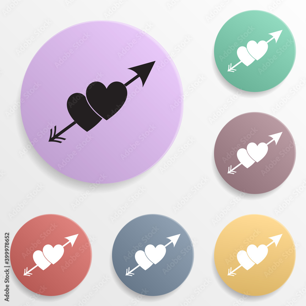 Poster two hearts with an arrow badge color set icon. simple glyph, flat vector of valentine's day- wedding