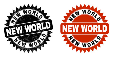 Black rosette NEW WORLD seal. Flat vector grunge seal with NEW WORLD phrase inside sharp rosette, and original clean template. Watermark with grunged surface.