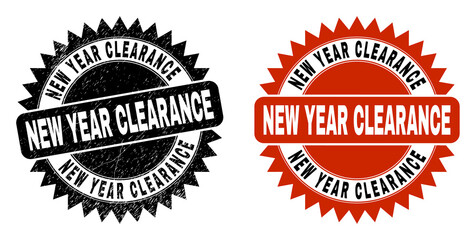 Black rosette NEW YEAR CLEARANCE seal stamp. Flat vector grunge stamp with NEW YEAR CLEARANCE title inside sharp rosette, and original clean source. Rubber imitation with grunge texture.