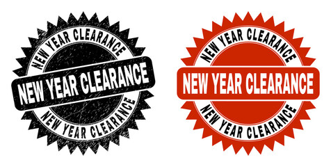 Obraz premium Black rosette NEW YEAR CLEARANCE seal stamp. Flat vector grunge stamp with NEW YEAR CLEARANCE title inside sharp rosette, and original clean source. Rubber imitation with grunge texture.