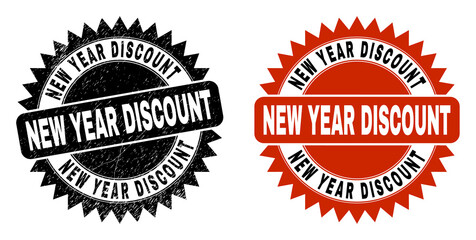 Black rosette NEW YEAR DISCOUNT seal stamp. Flat vector grunge stamp with NEW YEAR DISCOUNT caption inside sharp rosette, and original clean version. Rubber imitation with grunge surface.