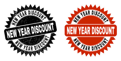Obraz premium Black rosette NEW YEAR DISCOUNT seal stamp. Flat vector grunge stamp with NEW YEAR DISCOUNT caption inside sharp rosette, and original clean version. Rubber imitation with grunge surface.