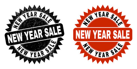 Fototapeta na wymiar Black rosette NEW YEAR SALE seal stamp. Flat vector distress seal with NEW YEAR SALE title inside sharp rosette, and original clean template. Rubber imitation with corroded surface.