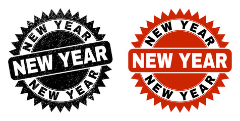 Obraz premium Black rosette NEW YEAR seal stamp. Flat vector scratched seal stamp with NEW YEAR text inside sharp star shape, and original clean version. Watermark with scratched texture.