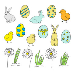 Easter set, vector illustration, bunnies, chickens, eggs and daisies, hand drawing colored